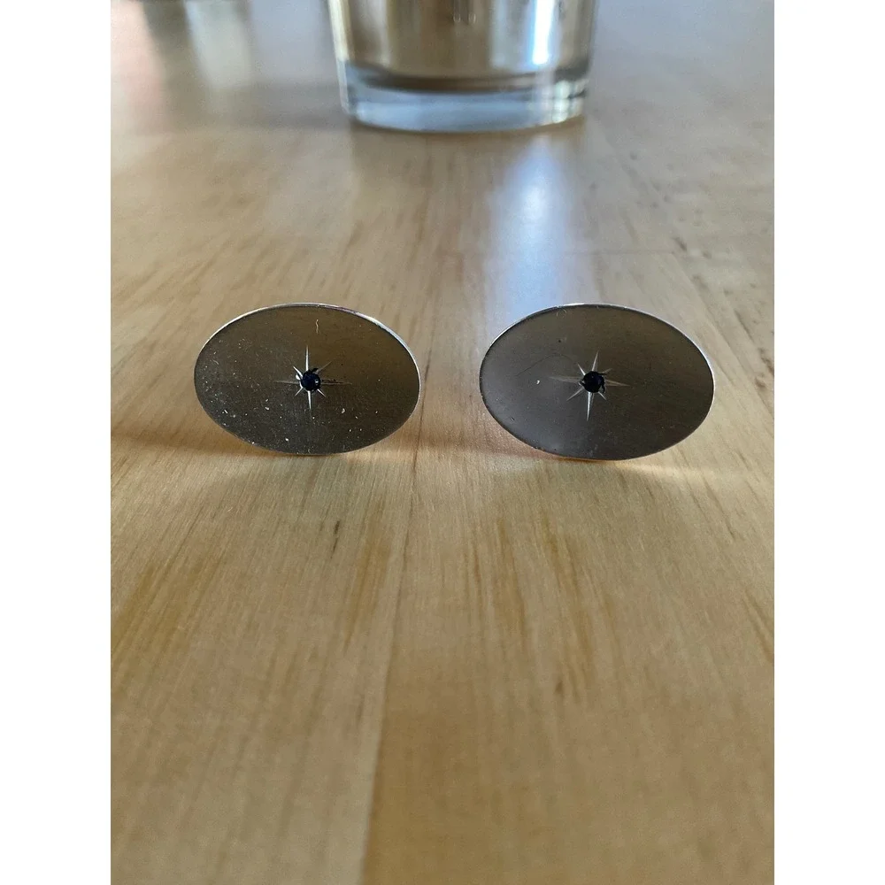 Vintage Silver Tone Oval Starburst Cufflinks with Blue Stone Accents Mens